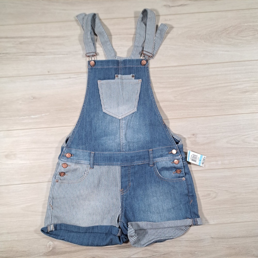 American Rag Boho Y2K Mixed Denim Hickory Stripe Shortalls Katrina Wash Sz 5 NEW